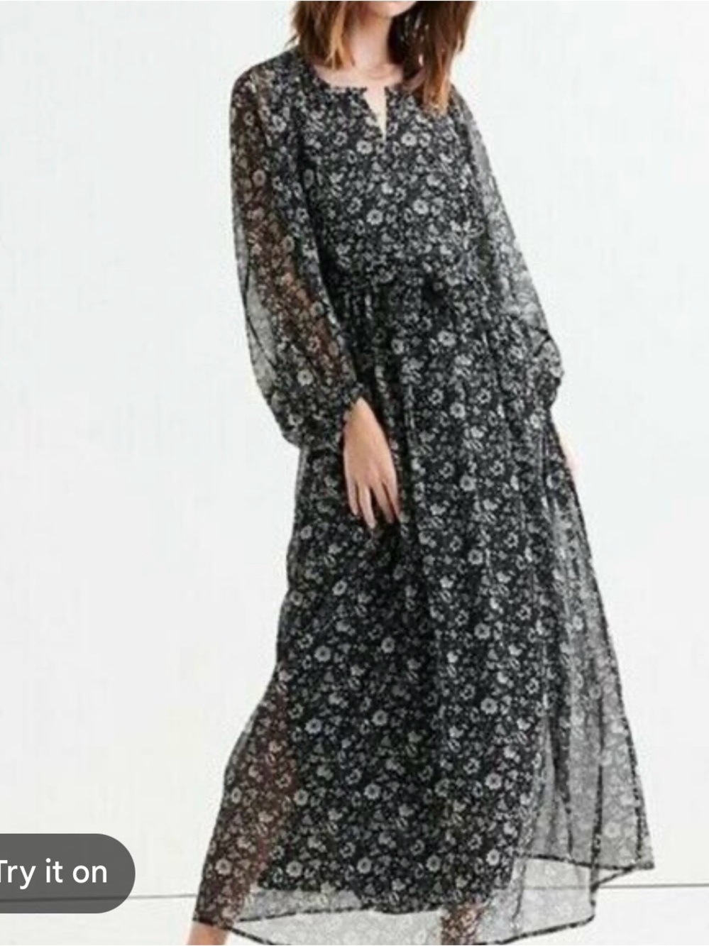 Lucky Brand Women's Floral Print Long Sleeve Chic Maxi Dress Black Size Medium